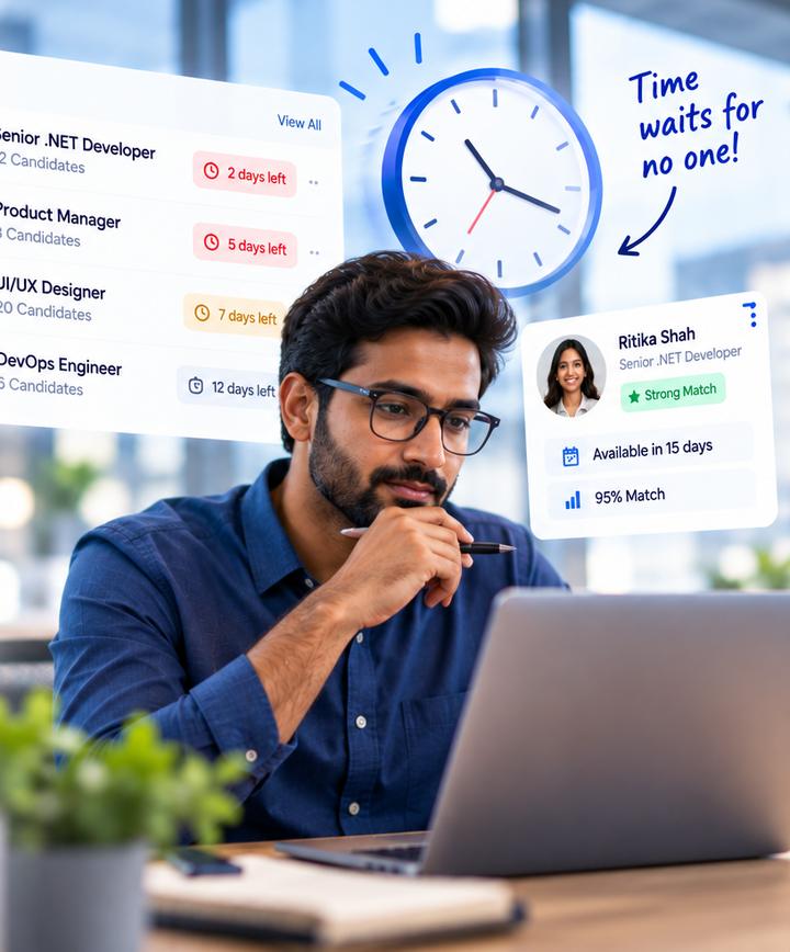 A founder at his laptop, with open roles and a clock showing time running out