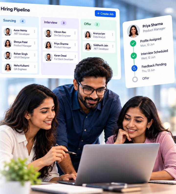 An HR team looking at a hiring pipeline together