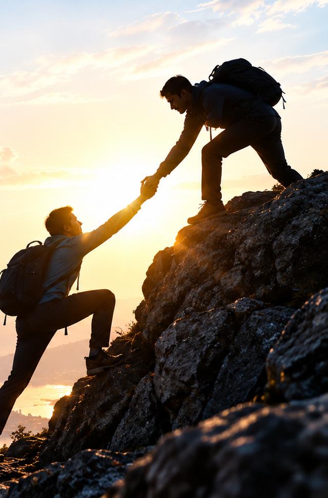 One climber reaching down to help another up a mountain at sunrise